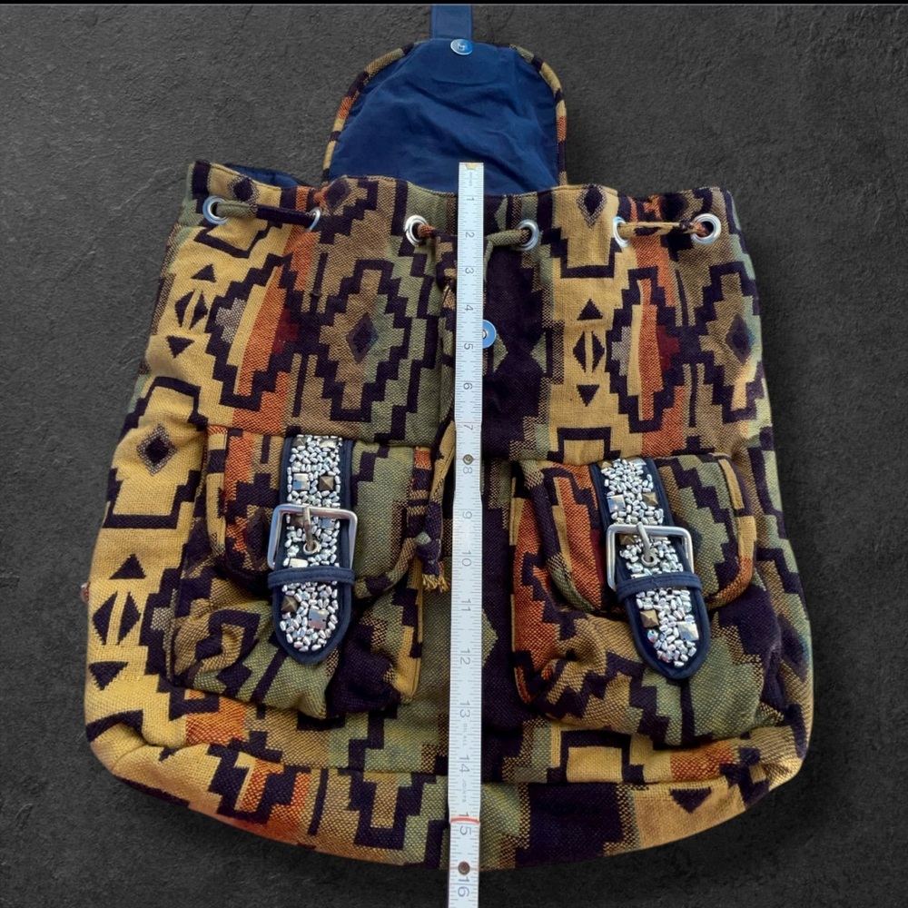 UO Urban Outfitters Southwest Western Aztec Stud Accent Drawstring Backpack Bag - Picture 10 of 13